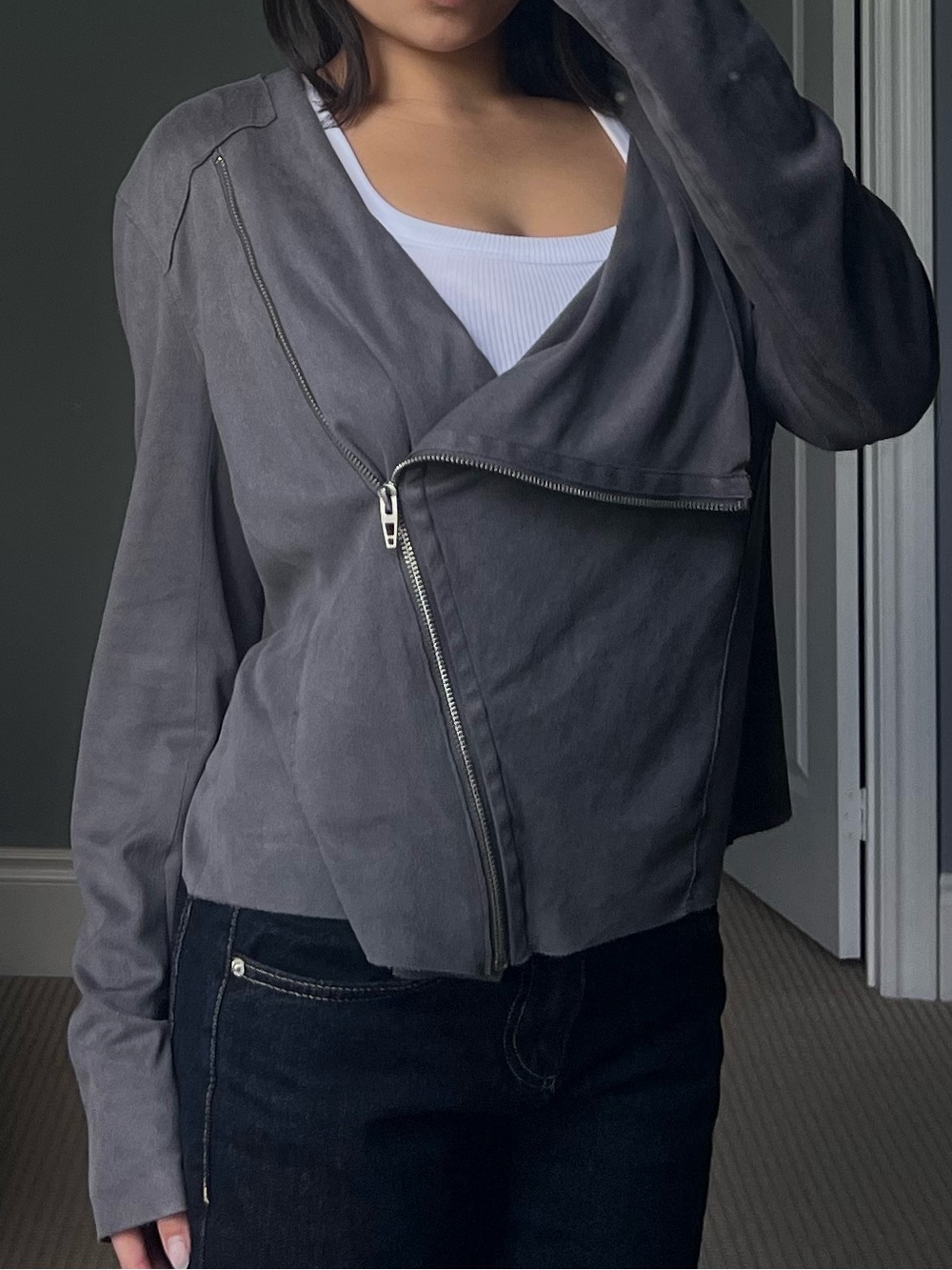 Women’s Gray Asymmetrical Zip Sweater Jacket